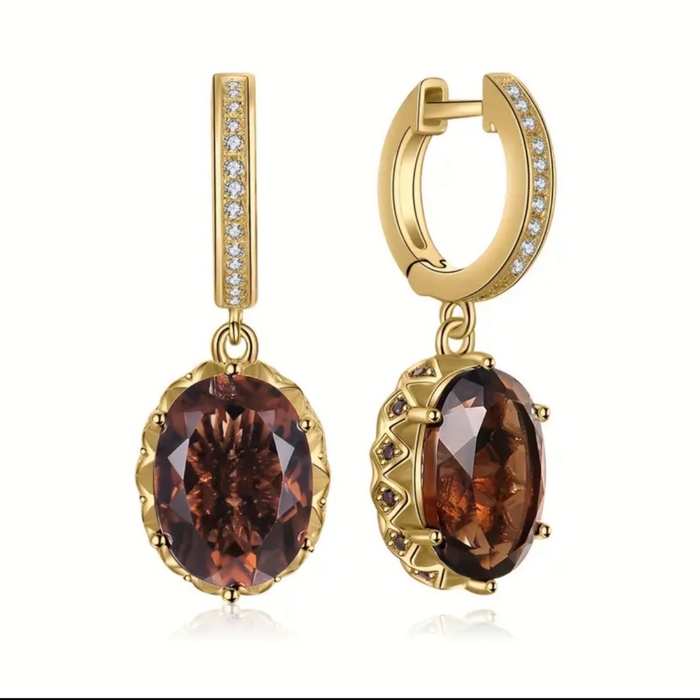 Elegant Gold and Brown Oval Crystal Earrings sterling silver 925